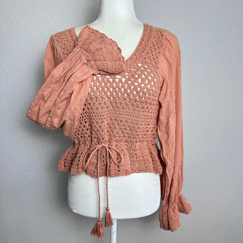 Free People Crochet Open Back Peplum Blouse Terracotta Peach Long Sleeve Top